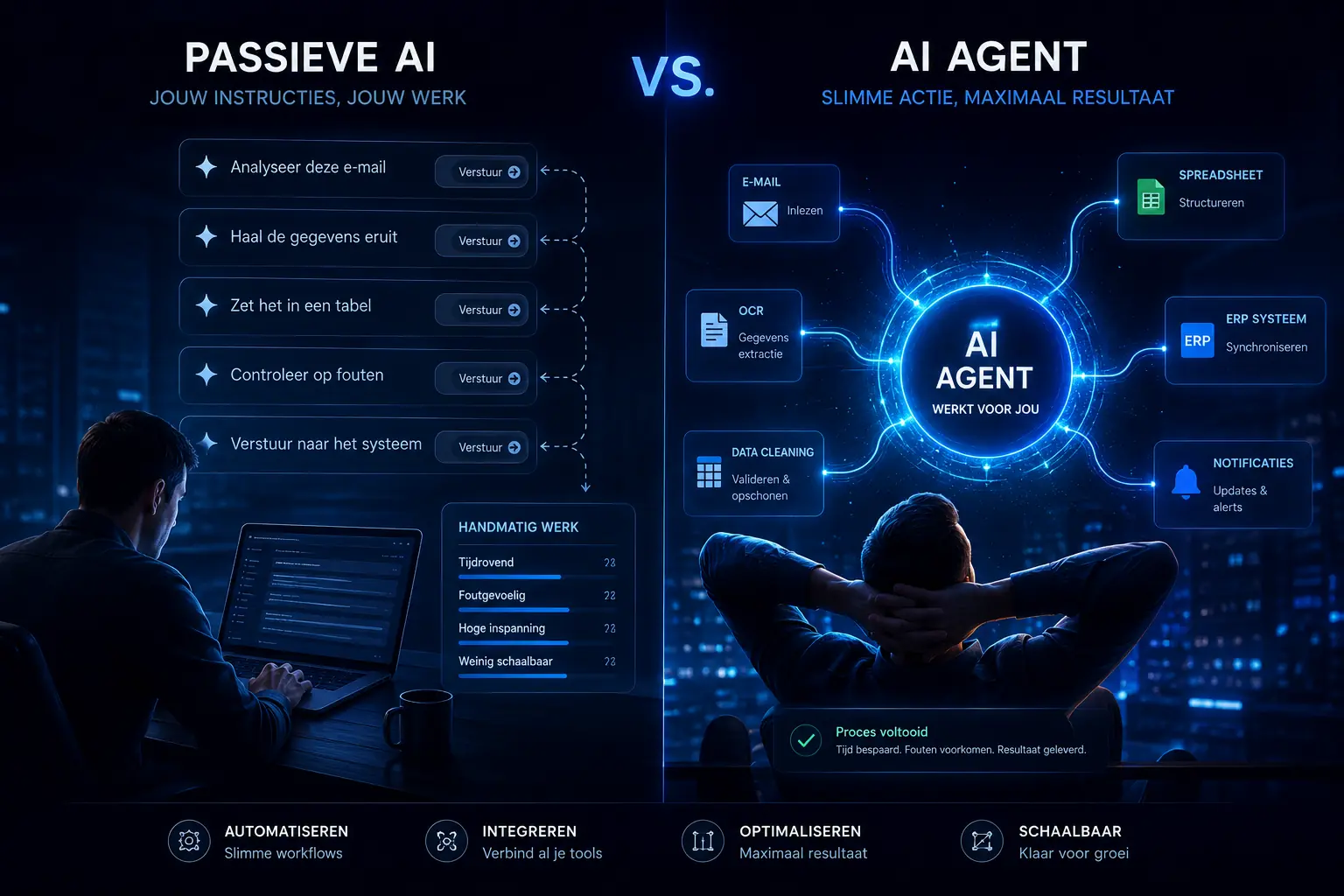 Hoe Werkt een AI Agent? Ontdek de Kracht van Automatisering 42 Een vergelijkende illustratie (bijv. een weegschaal of split-screen) die een persoon toont die constant instructies typt voor een 'Passieve AI', versus een persoon die relaxt achterover leunt terwijl de 'AI Agent' zelf met verschillende softwaretools verbindt.