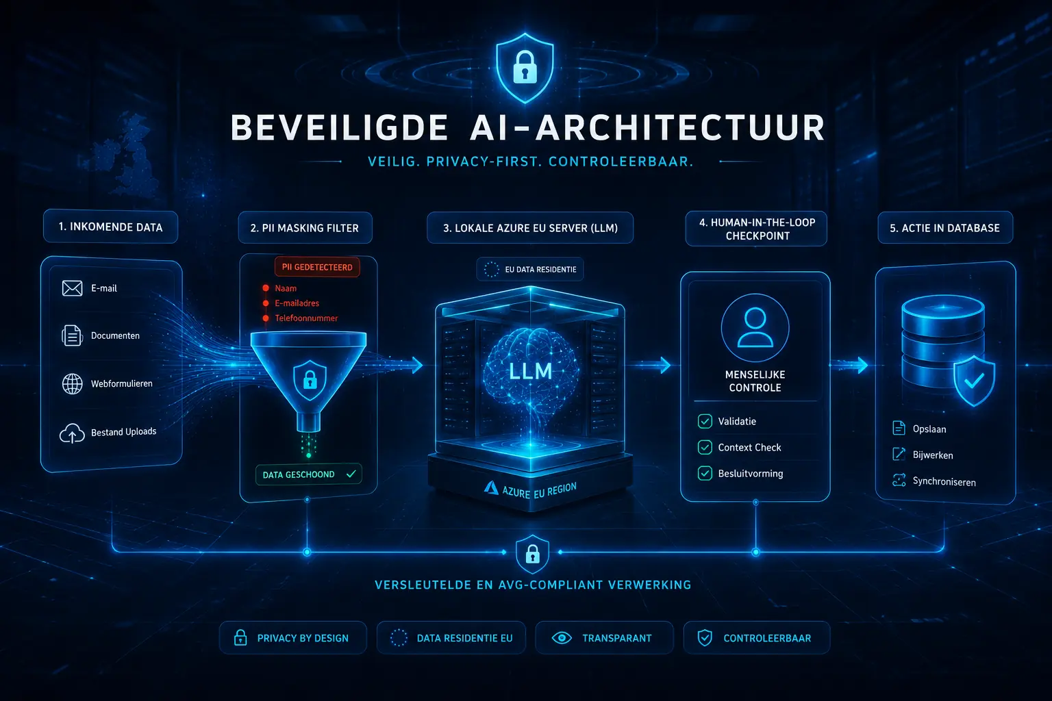AI Agent vs Chatbot vs RPA verschil: Trap niet in de illusie van automatisering 45 Een diagram van een beveiligde AI-architectuur (Security Architecture). Toont een stroom van 'Inkomende Data' -> 'PII Masking Filter' -> 'Lokale Azure EU Server (LLM)' -> 'Human-in-the-Loop Checkpoint' -> 'Actie in Database'.