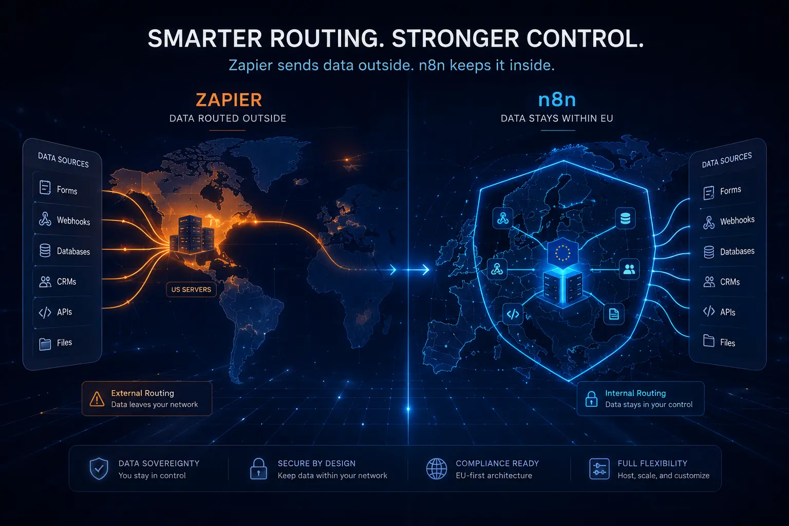 n8n vs Make vs Zapier: Welk platform past het best bij uw AI automatisering? 44 Datastromen en Datasoevereiniteit Zapier versus n8n