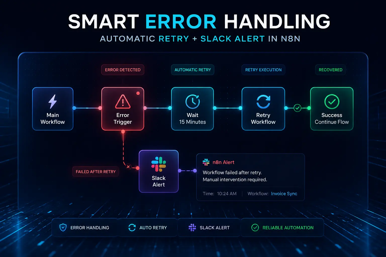 Workflow Automatisering: 7 Processen Die Elk MKB Nu Kan Automatiseren (met n8n) 70 Error Handling in n8n Workflow diagram